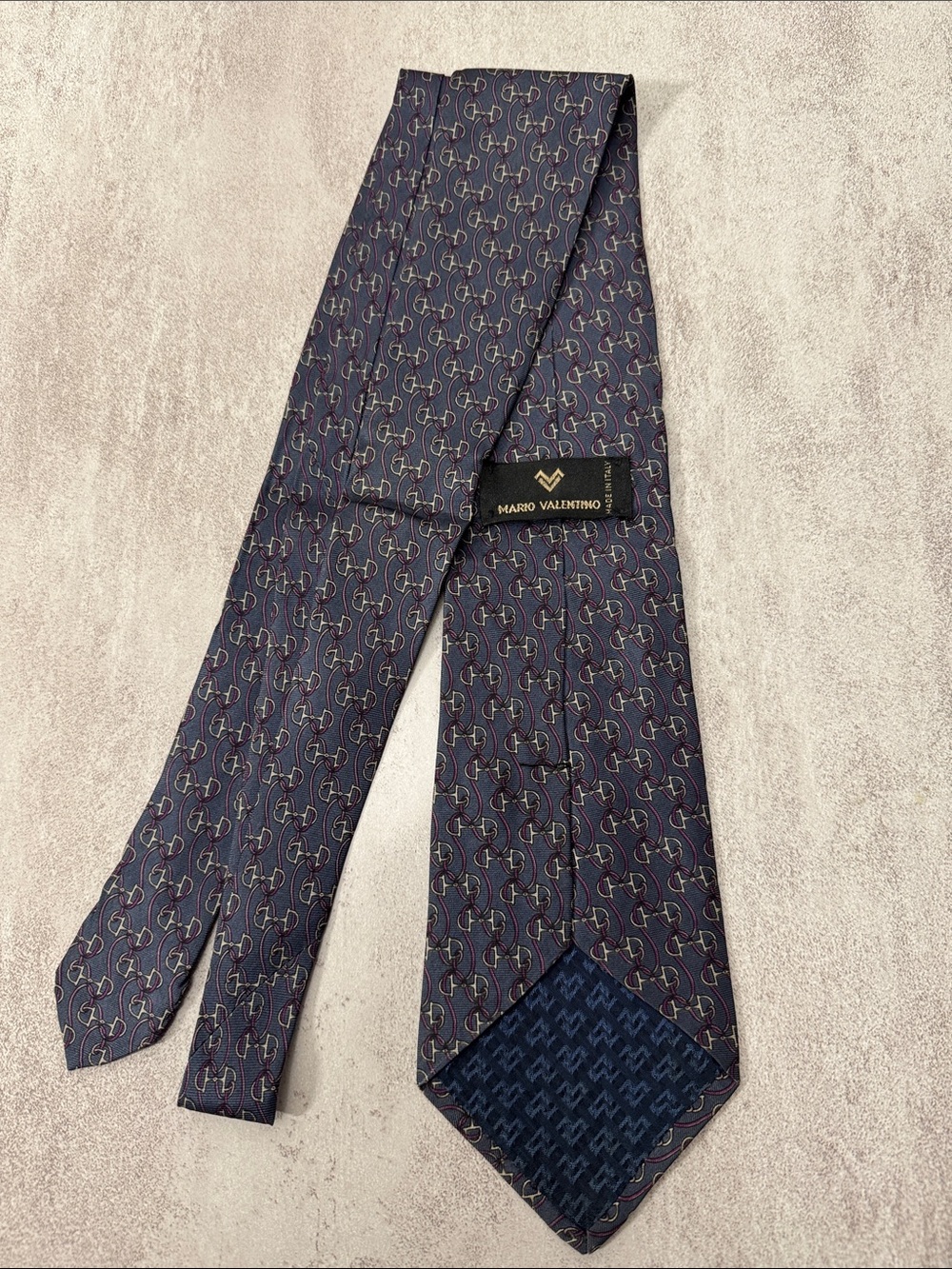 Mario Valentino Navy Silk Tie with Burgundy & Light Blue Motif